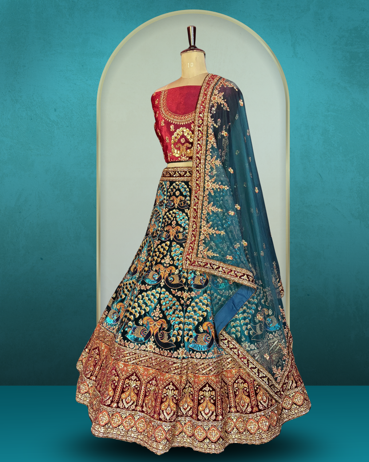 Royal Paisley Peacock Velvet Lehenga