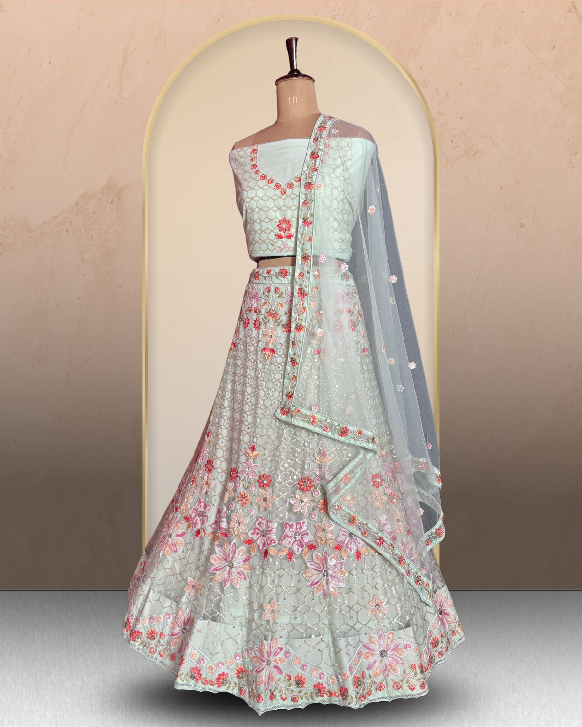 Floral Lattice Embroidered Lehenga