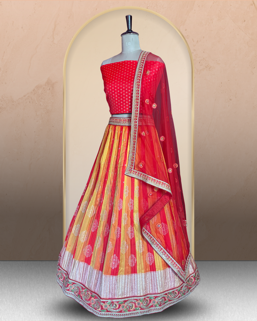 Striped Floral Silk Embroidered Lehenga