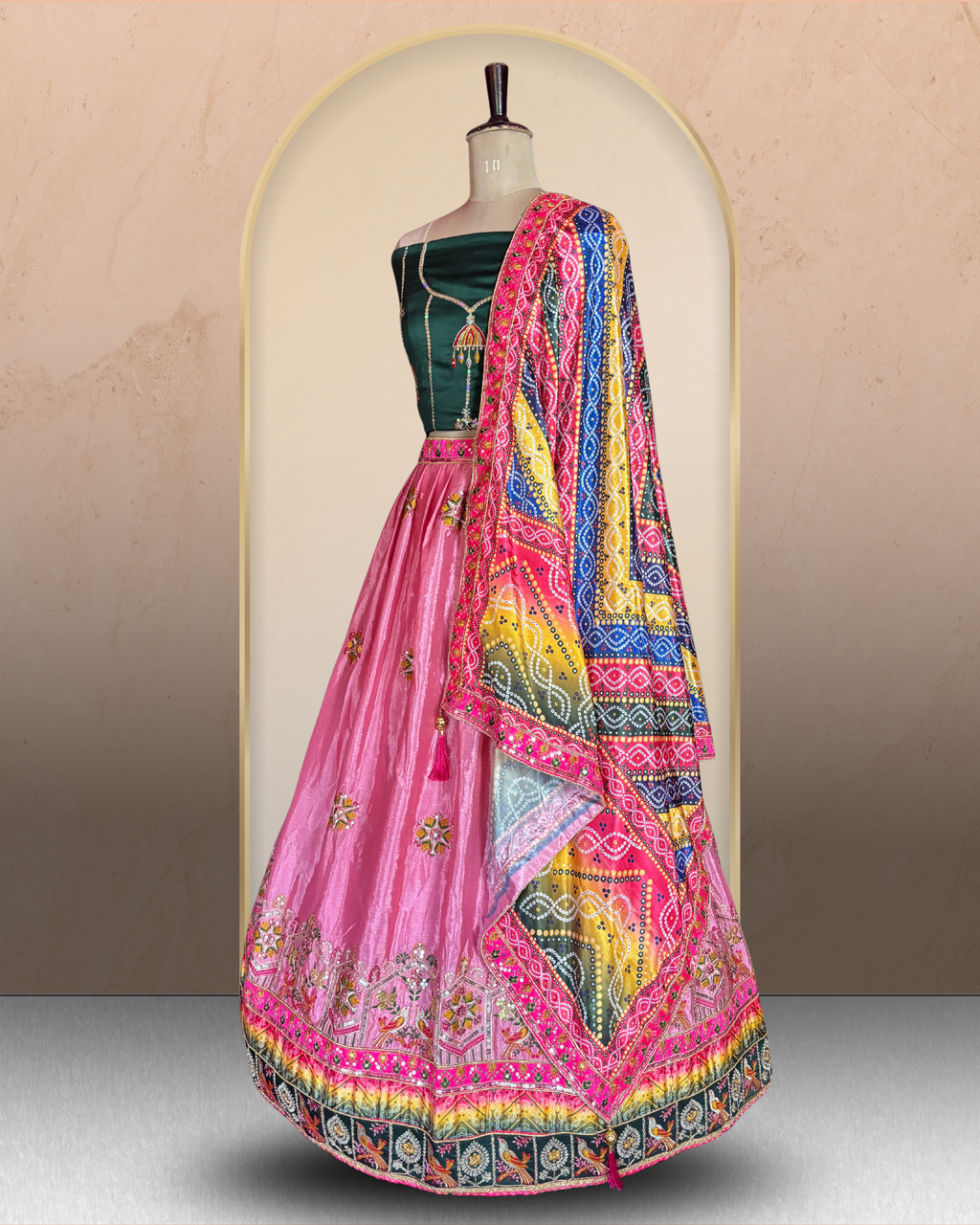 Bandhani Print Floral Embroidered Lehenga