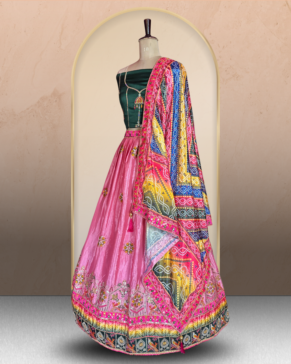 Bandhani Print Floral Embroidered Lehenga