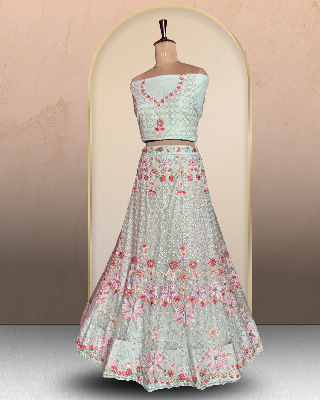 Floral Lattice Embroidered Lehenga