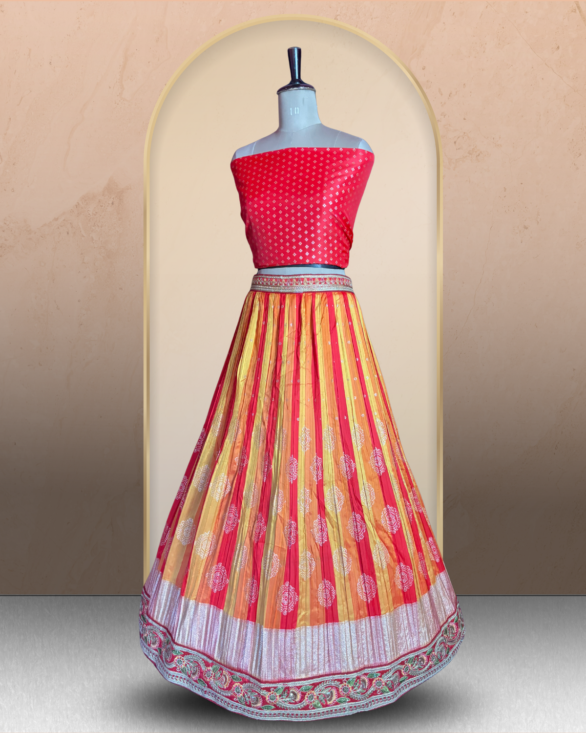 Striped Floral Silk Embroidered Lehenga