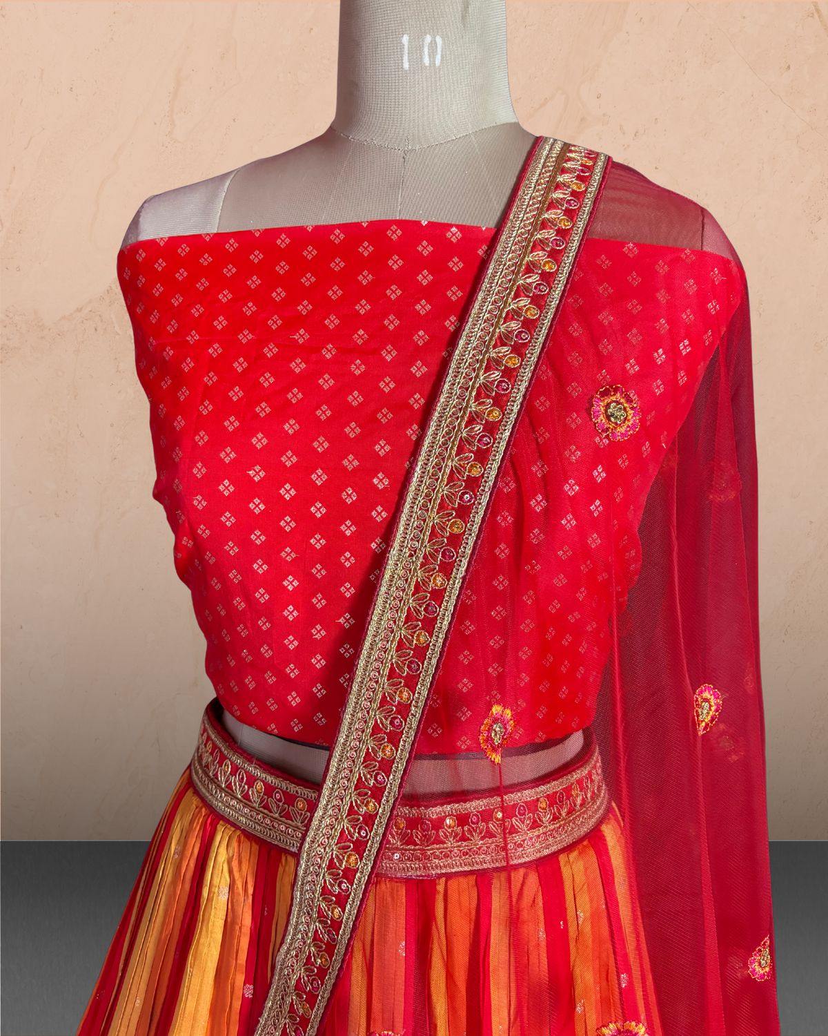 Striped Floral Silk Embroidered Lehenga