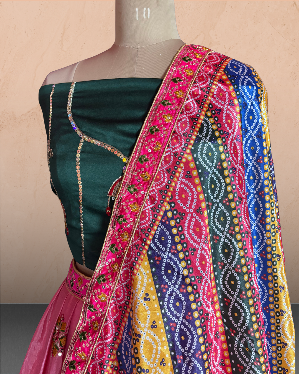 Bandhani Print Floral Embroidered Lehenga