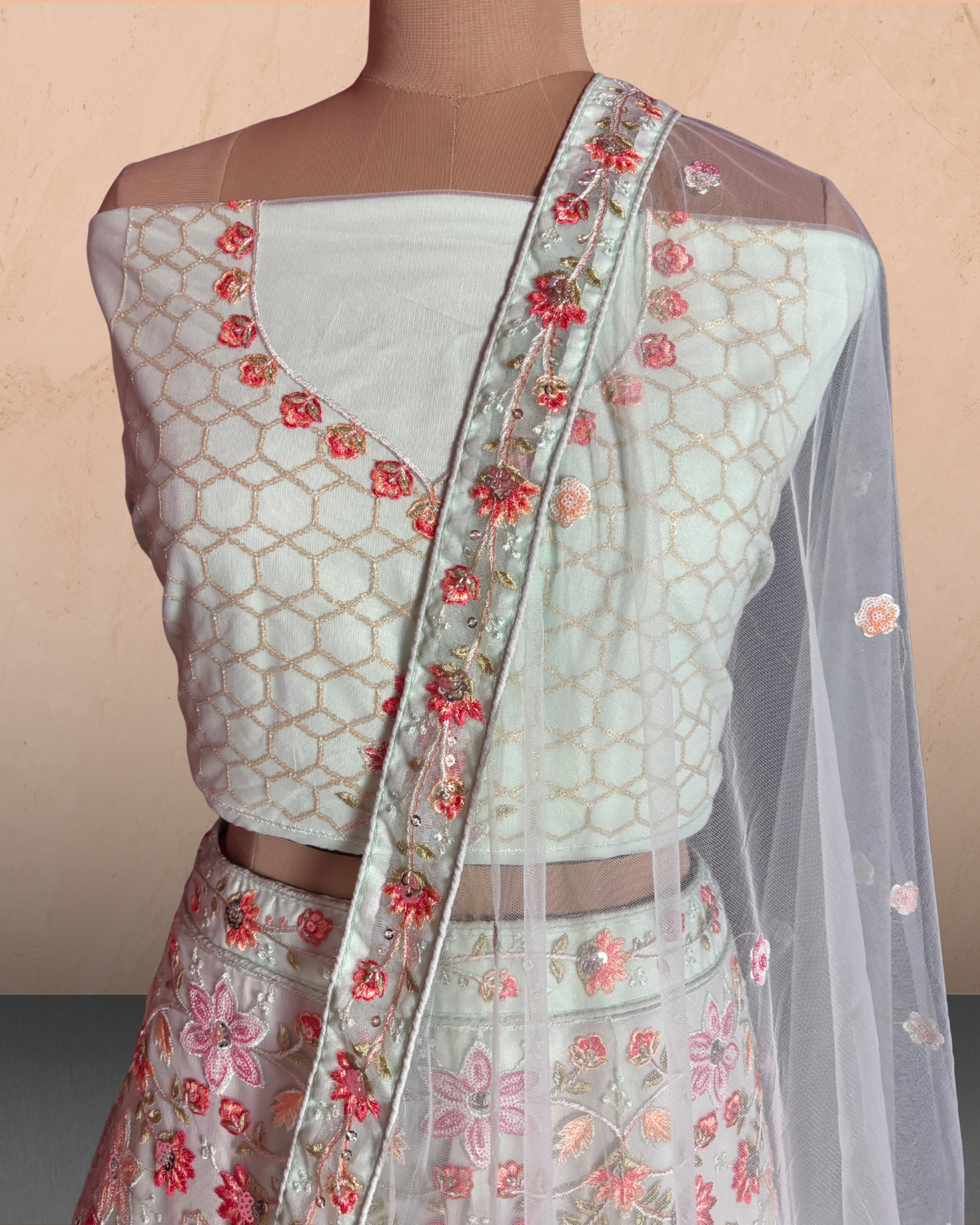 Floral Lattice Embroidered Lehenga